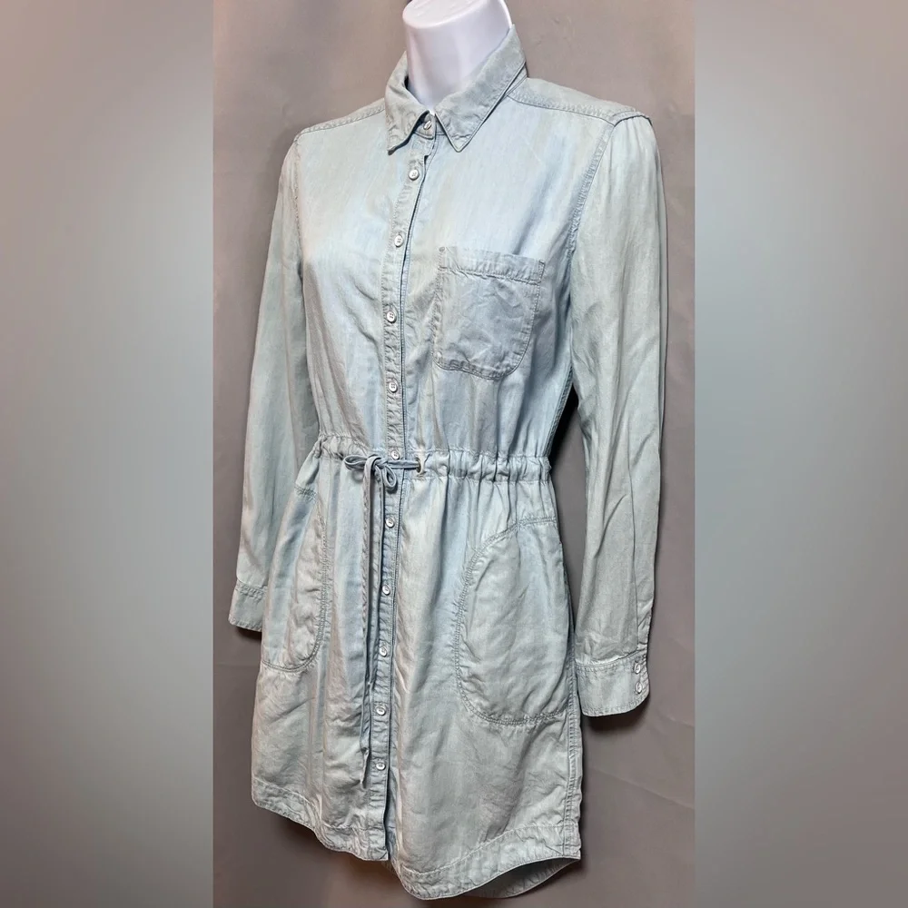 Athleta Shirt Dress Womens Sz XXS Stellar Cinch Tie Waist Button Up Chambray‎